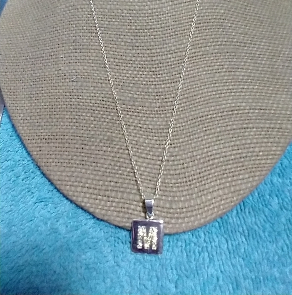 M initial crystal square necklace silvertone vintage